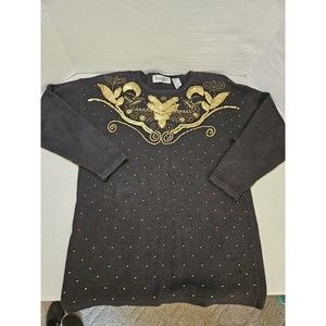 Women's Trimmings Christmas Sweaters S Small Black Gold New Years Beaded Vtg